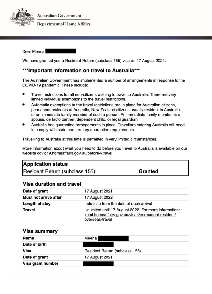Approval For Australia Resident Return Visa Subclass 155