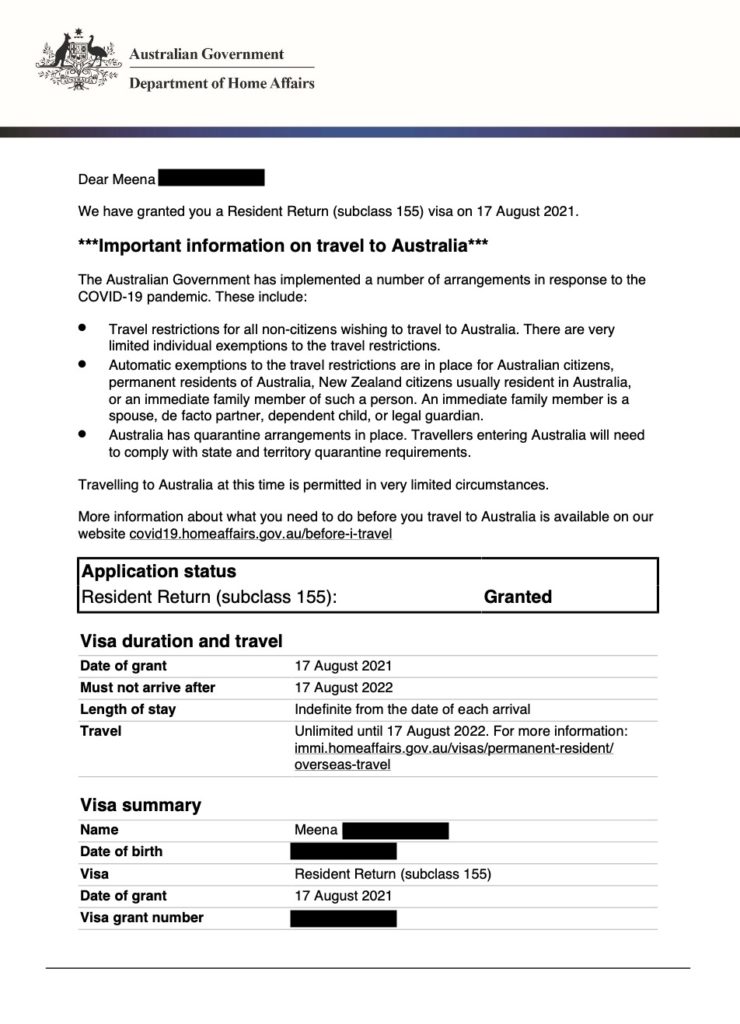 Approval For Australia Resident Return Visa Subclass 155 17th August 