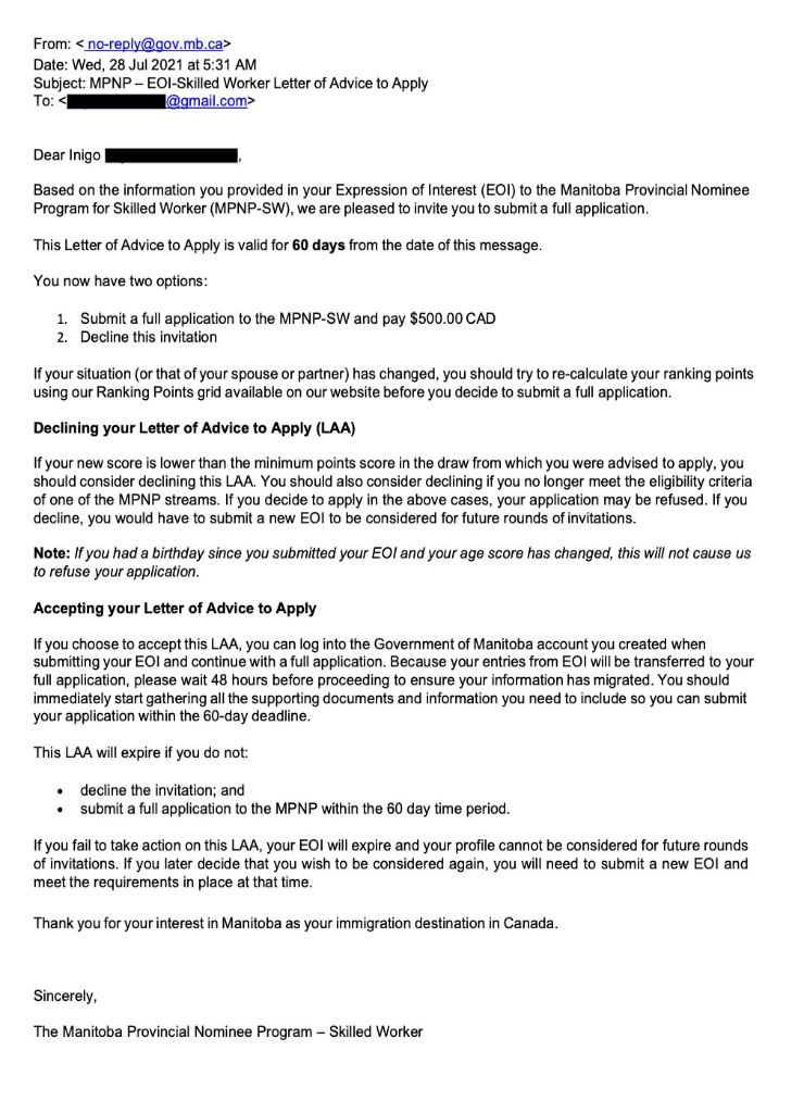 Approval for Provincial Nominee Program (PNP) from Manitoba