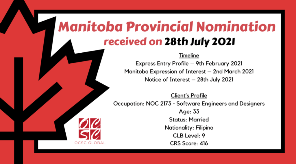 Approval for Provincial Nominee Program (PNP) from Manitoba OCSC Global