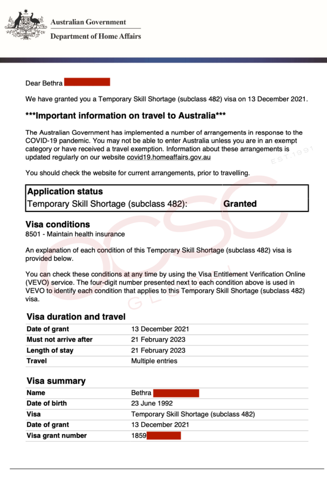 Approval For Australia Temporary Skill Shortage Subclass 482 Subsequent ...