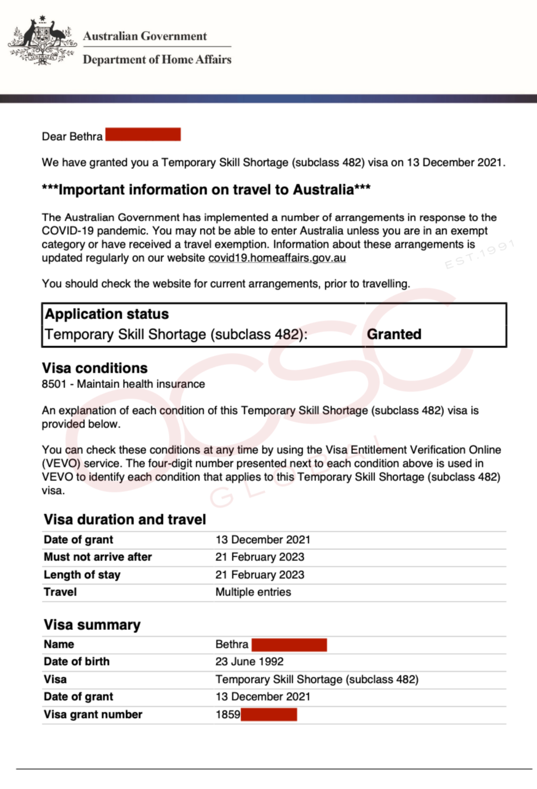 Approval For Australia Temporary Skill Shortage Subclass 482 Subsequent Entrant OCSC Global
