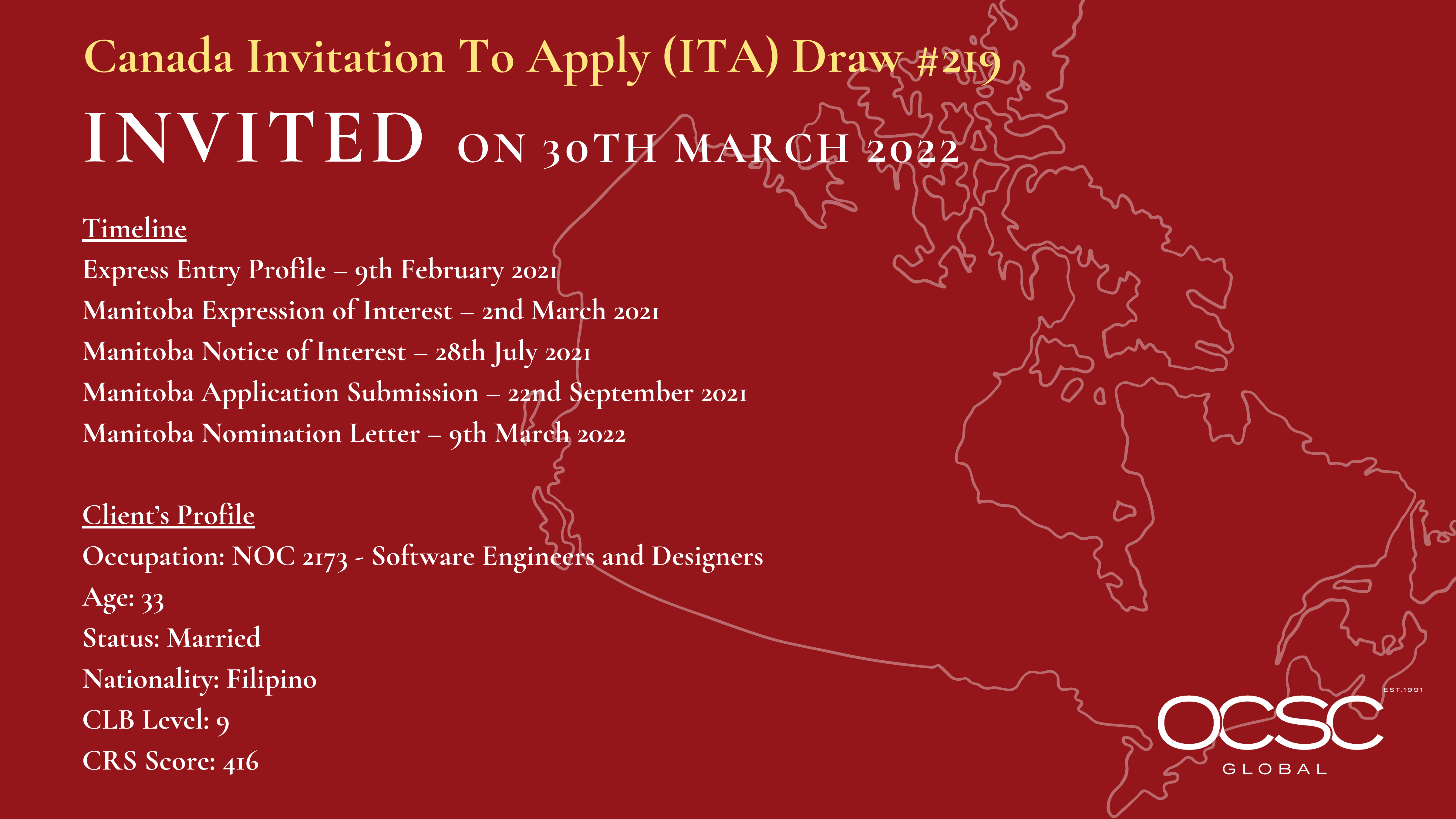 Invitation To Apply (ITA) under Canada Express Entry Draw 219 OCSC