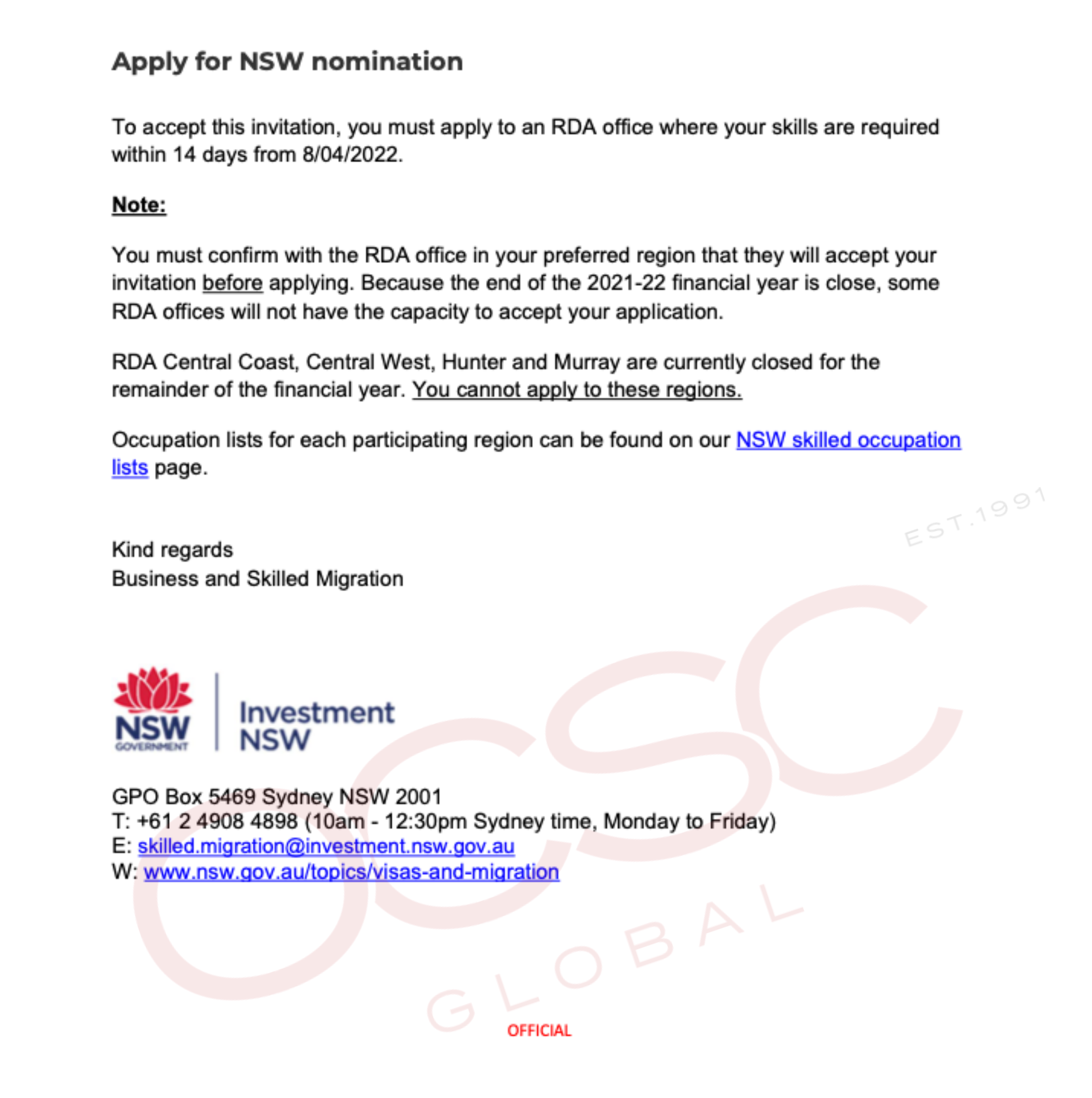 Invitation to Apply for NSW Nomination Subclass 491 OCSC Global