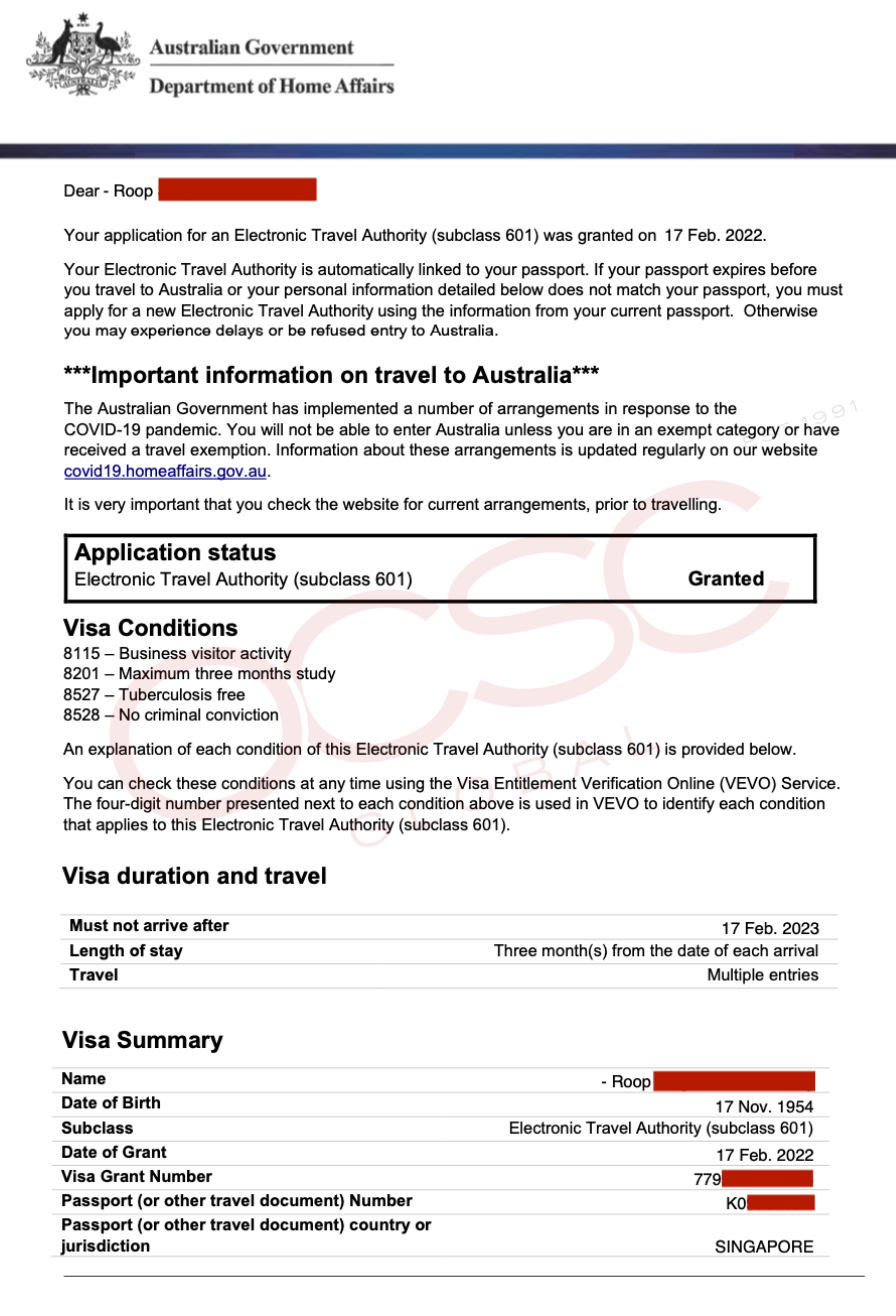 Approval For Australia Electronic Travel Authority Eta Subclass 601 Ocsc Global 7926