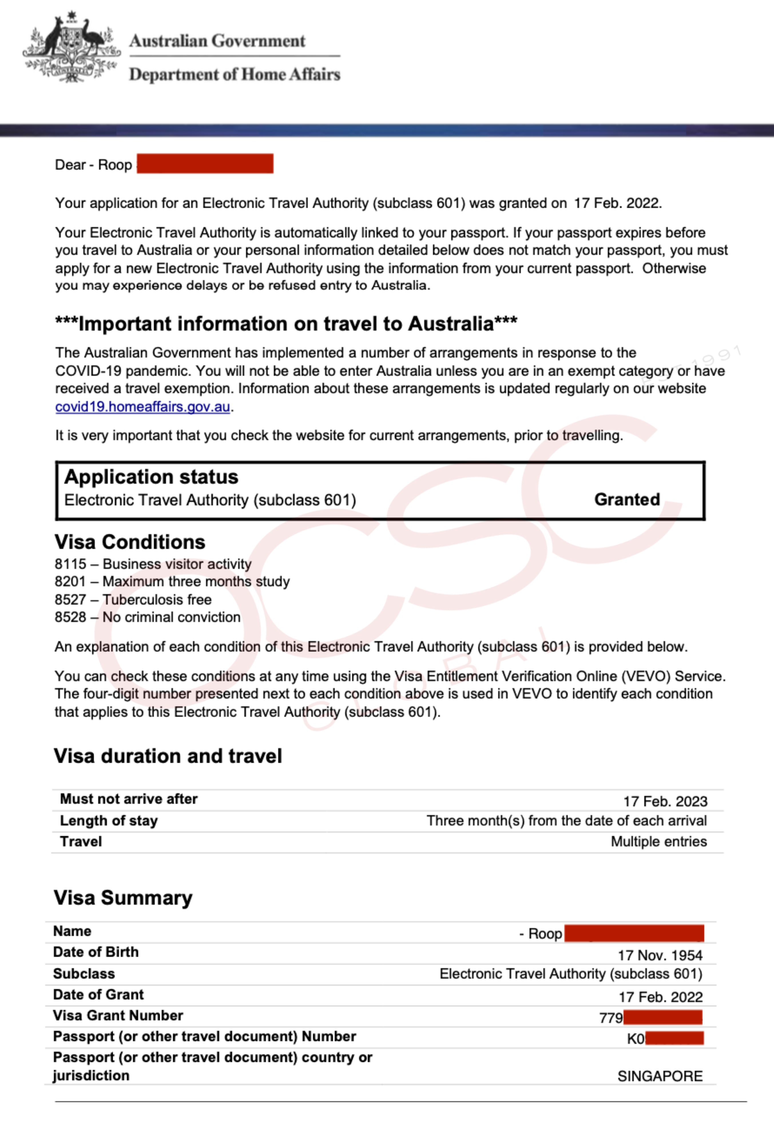 australia travel eta