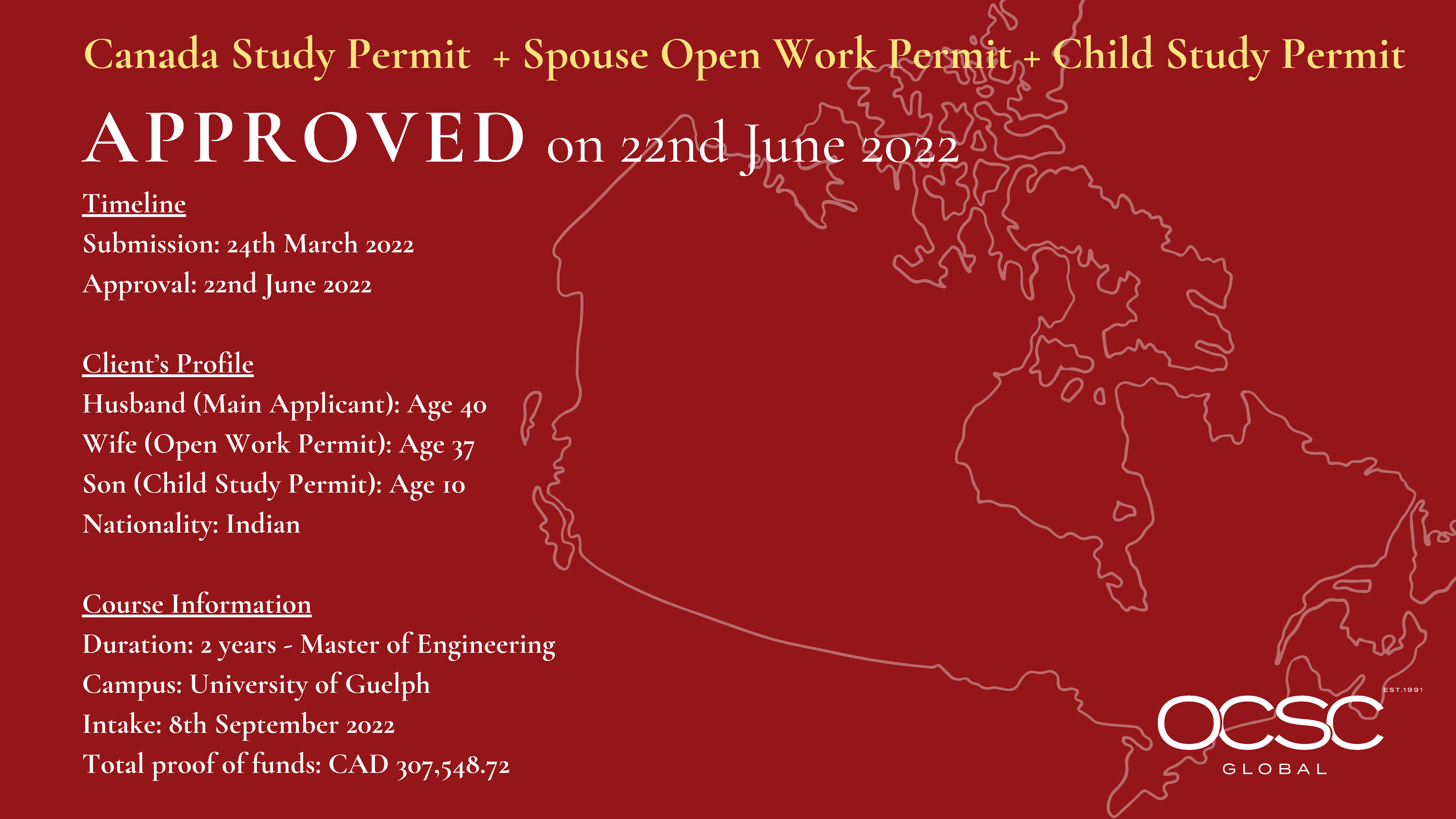 Approved for Canada Study Permit + Spouse Open Work Permit + Child Study Permit