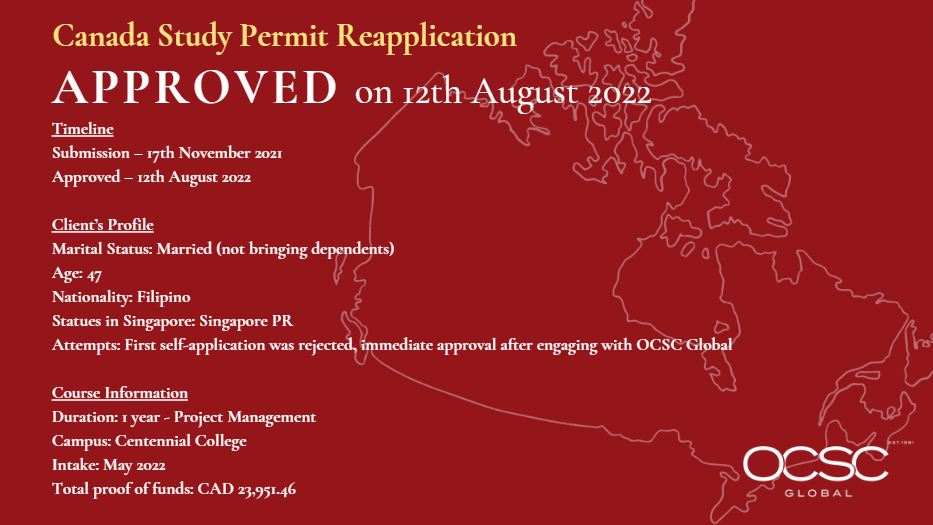 Approval for Canada Study Permit Re-application 12th Aug 2022