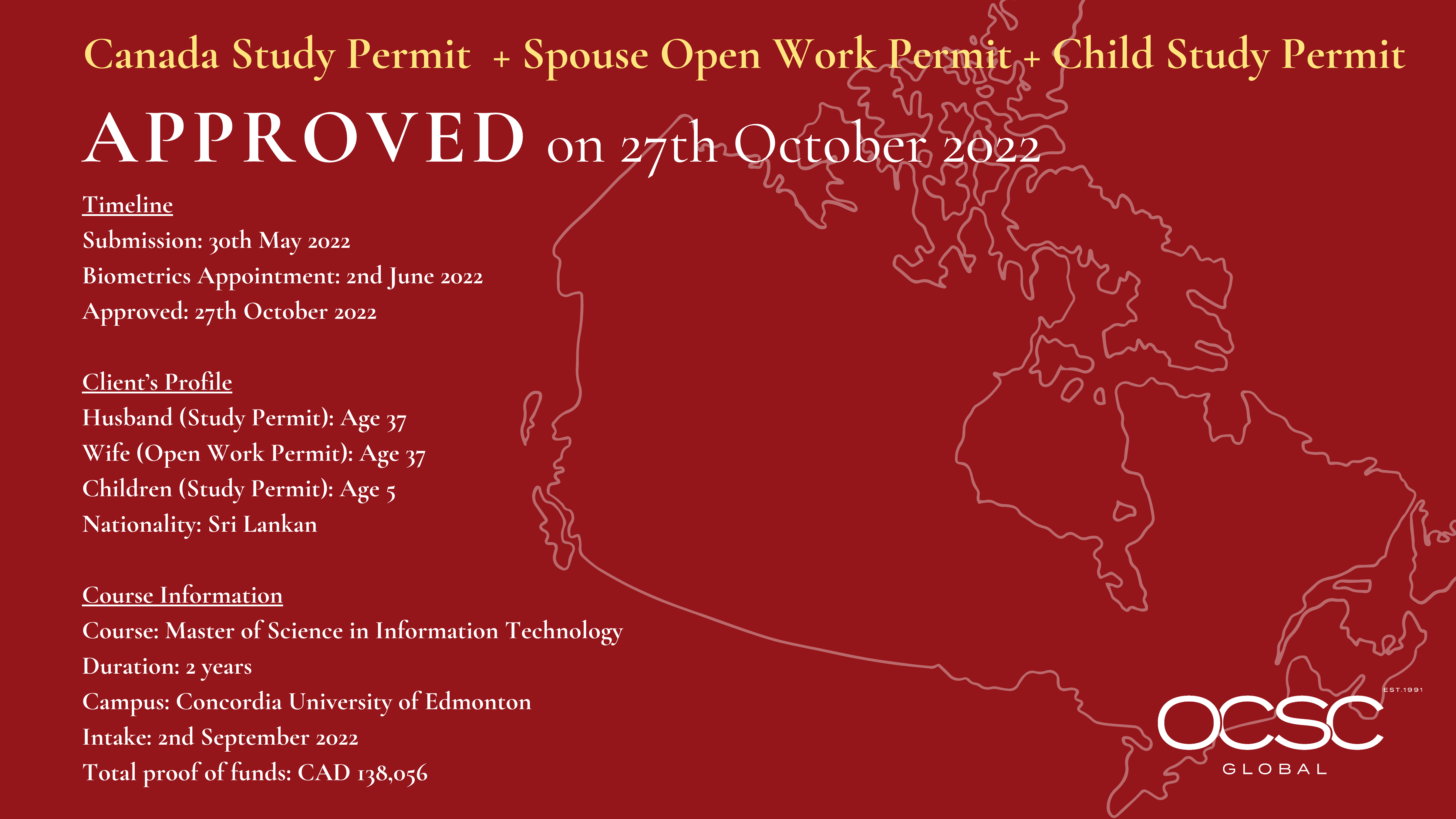 Canada Study Permit + Spouse Open Work Permit + Child Study Permit on 27th Oct