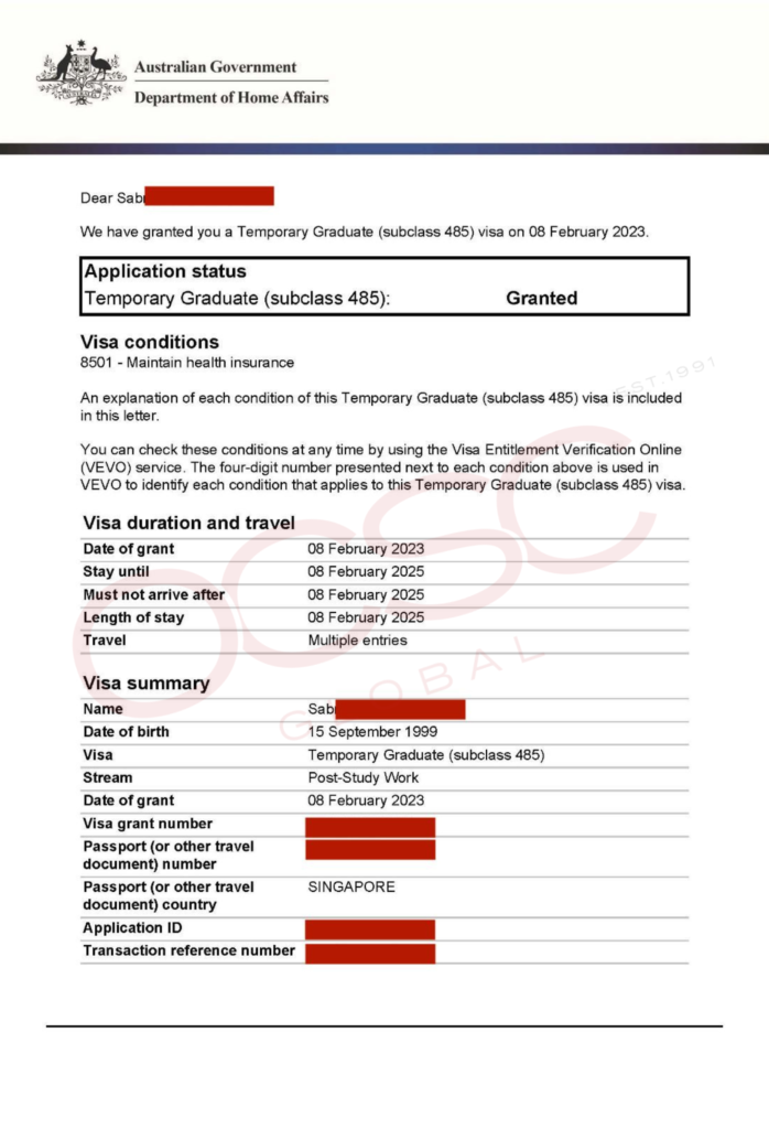 Approval For Australia Temporary Graduate Visa - 485 (post-study Work 