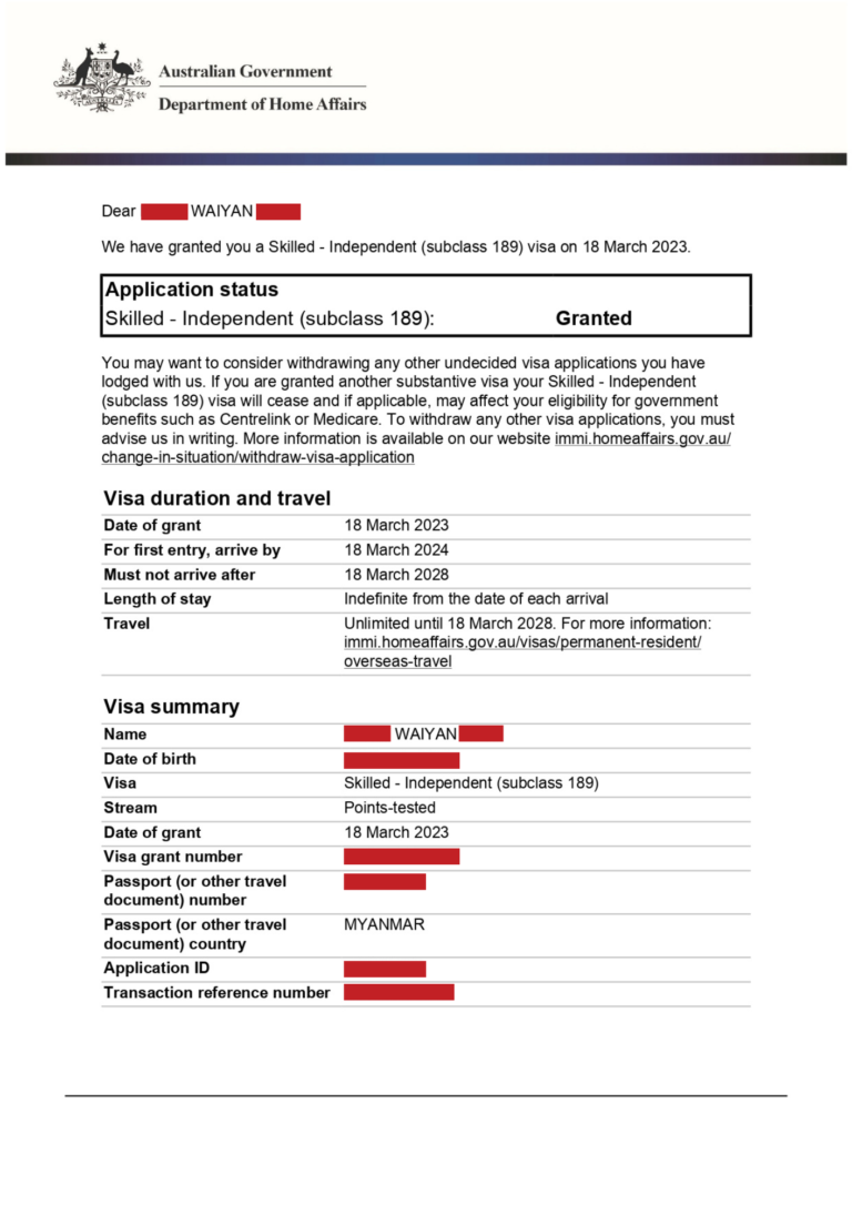 Australia Subclass 189 Skilled Independent Visa - Wai Yan | OCSC Global ...