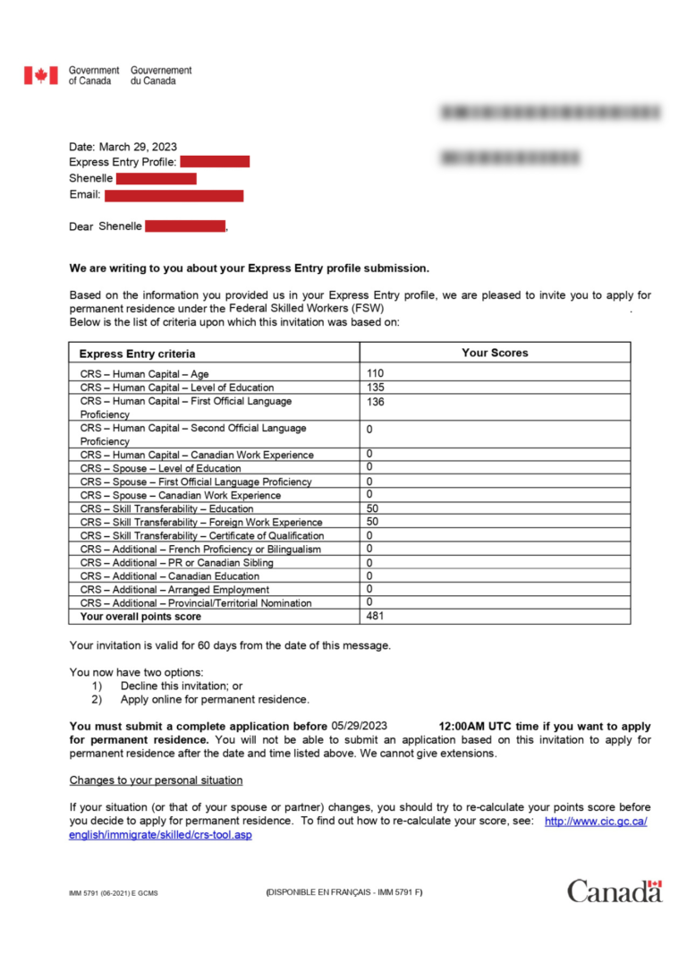 Shenelle's Invitation to Apply under Federal Skilled Workers (FSW)