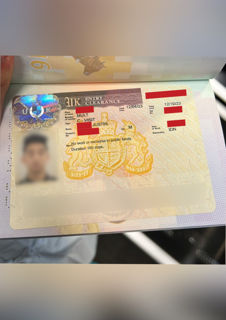 Justin's UK Visitor Visa stamp