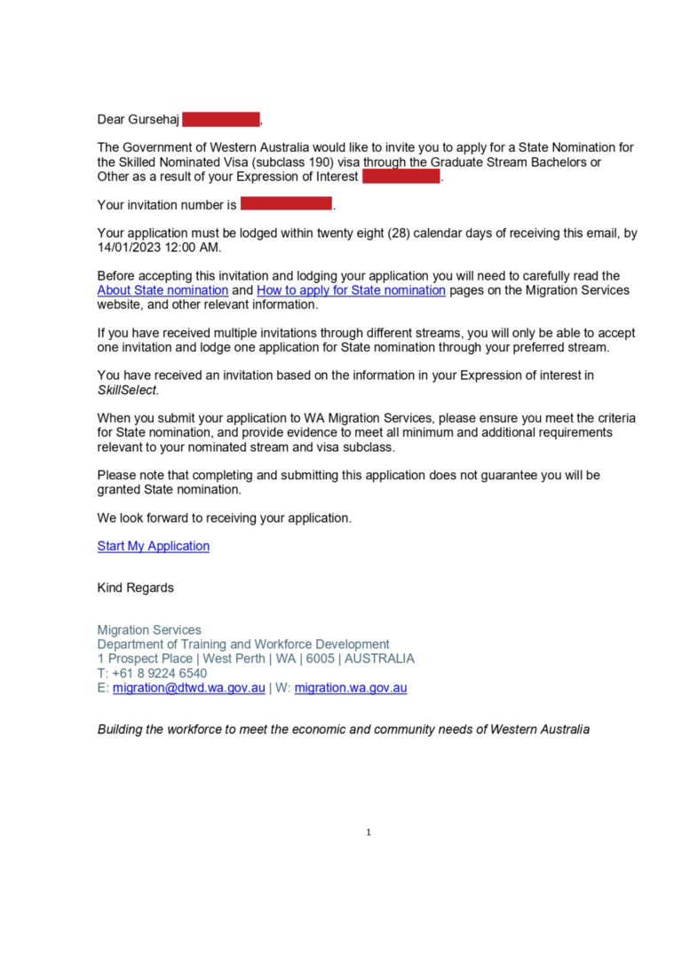 Gursehaj's Subclass 190 Western Australia Notice of Interest