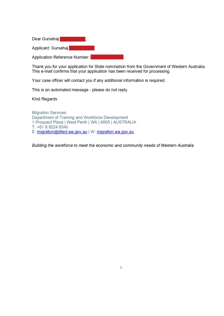 Gursehaj's Subclass 190 Western Australia State Nomination Application