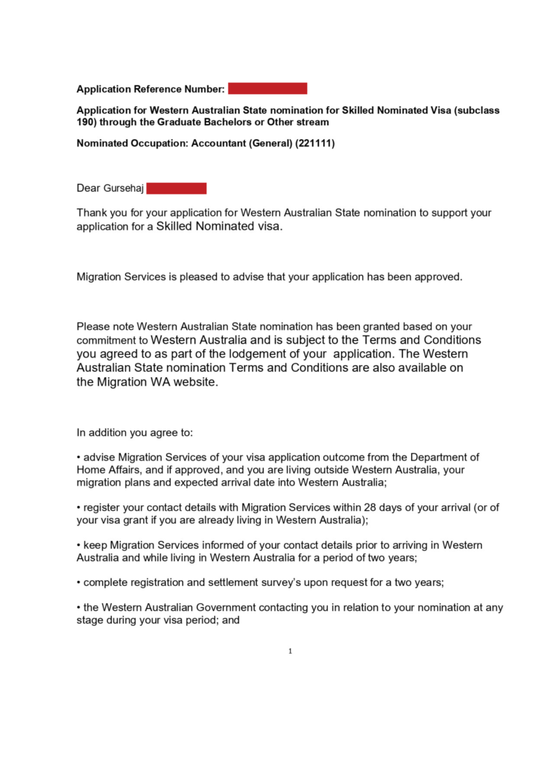Gursehaj's Subclass 190 Western Australia State Nomination Approval