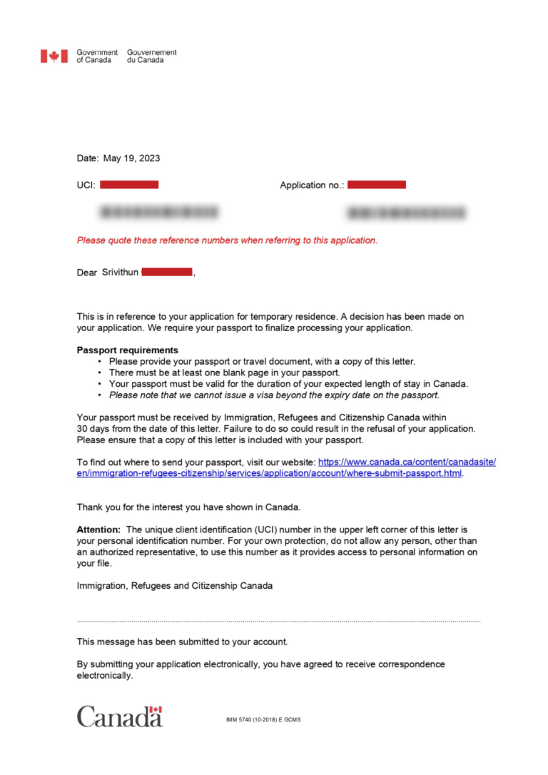 Srivithun's Canada Study Permit success letter with OCSC Global