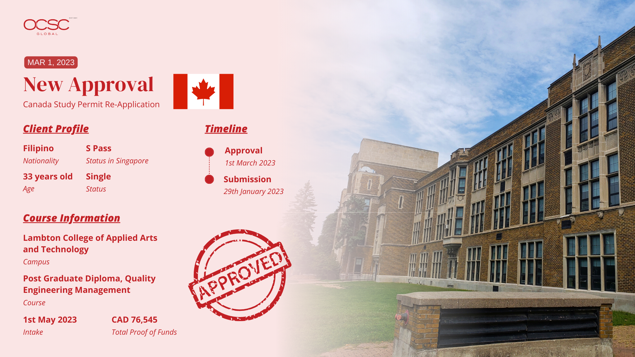 Jeremy's Canada Study Permit reapplication success timeline with OCSC Global