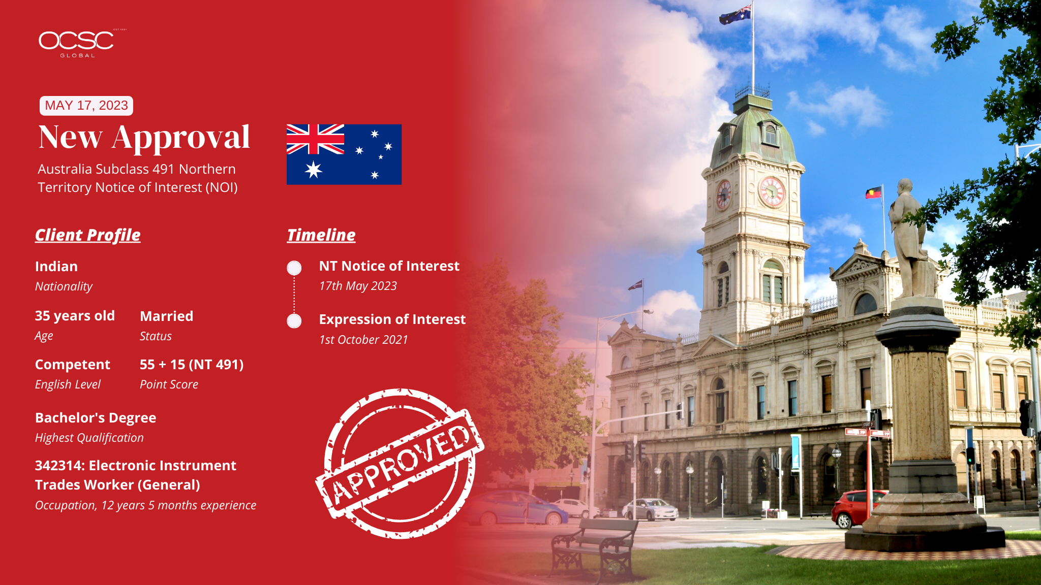 Sye rejoicing with his Subclass 491 NOI against a backdrop of Northern Territory landmarks.